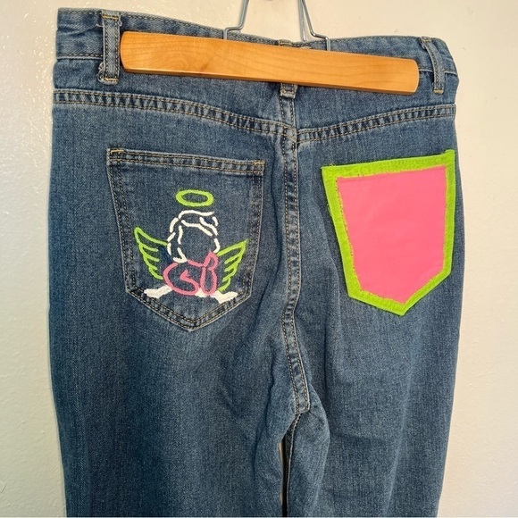 Shein Straight Leg Jeans Painted Back Pink Green Angel - Picture 7 of 12